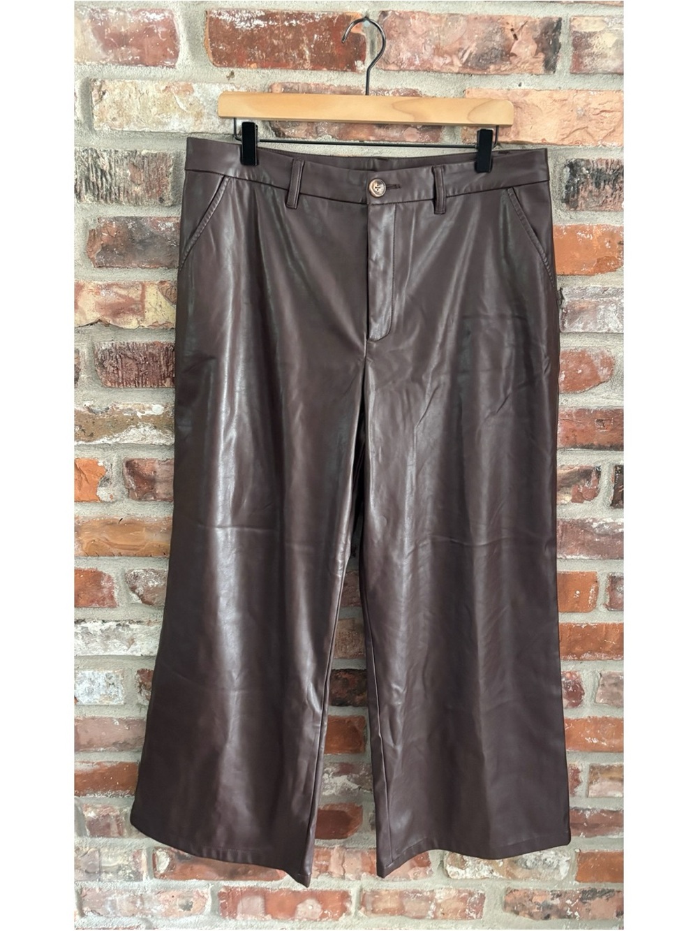 KUT From The Kloth Aubrielle Brown Faux Leather Wide Leg Trouser Pants, 14